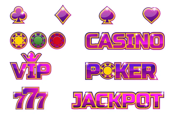 Ensemble vectoriel violet logo JACKPOT, POKER, 777, CASINO et VIP. Puces d'or — Image vectorielle