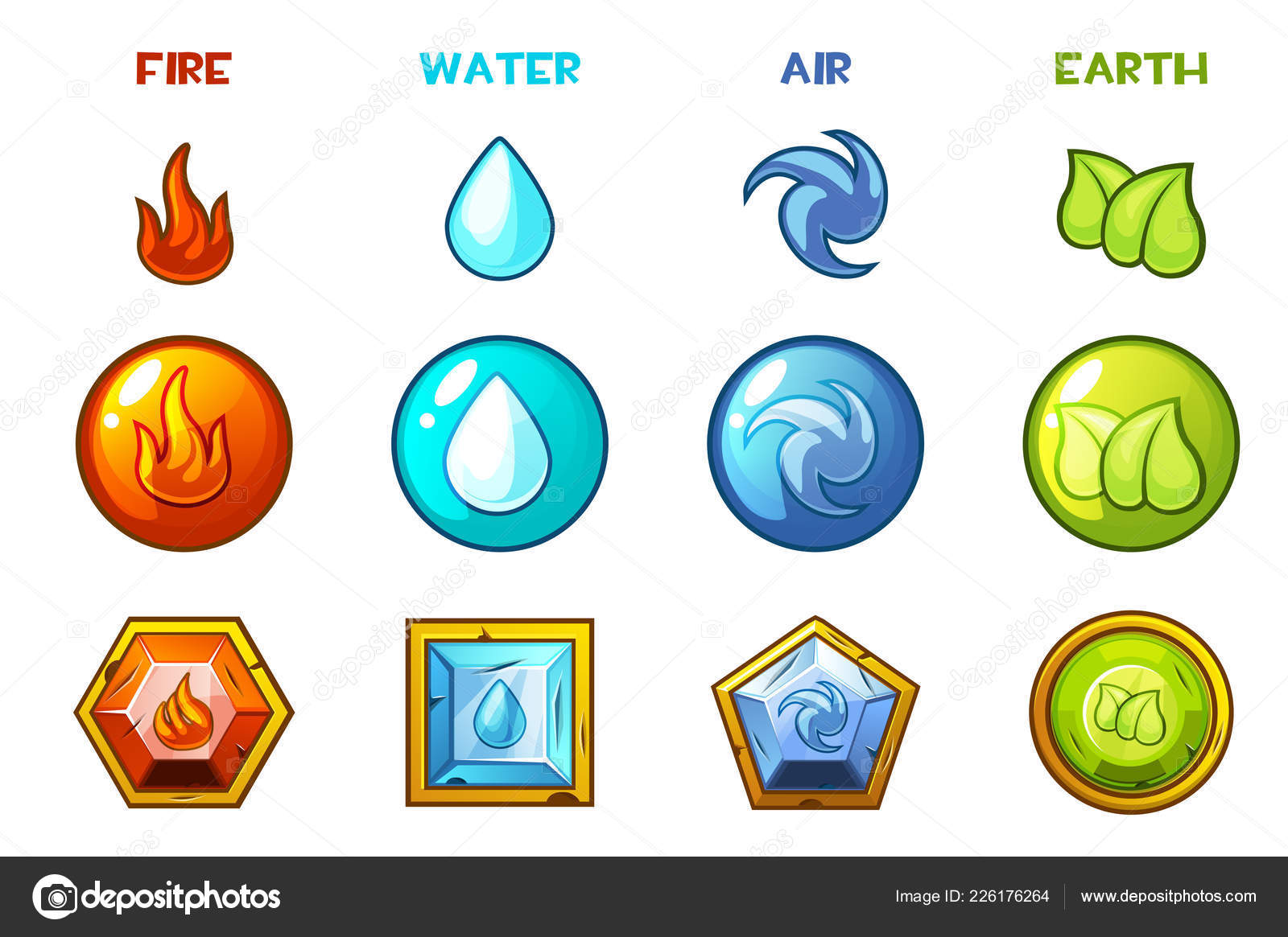 4 elementos natureza, ícones de arte dourada, água, terra, fogo, ar para o  jogo. ilustração vetorial conjunto de moedas redondas com natureza de  sinais para o projeto.