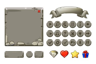 Büyük set karikatür gri taş varlıkları ve düğmeleri için UI oyun, GUI simgeler. Benzer Jpg kopyası