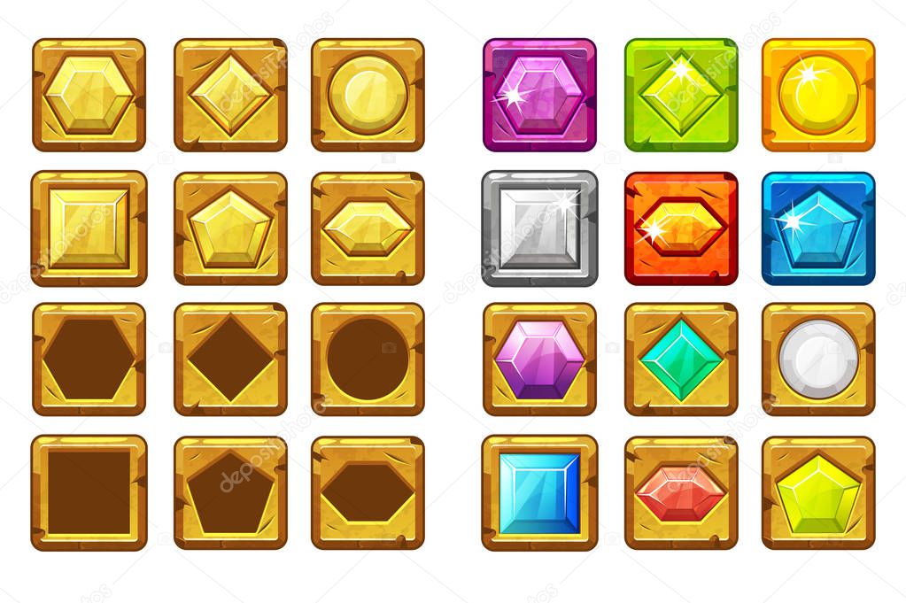 Cartoon different shaped gems, multi-colored and gold button For Ui Game. Similar JPG copy