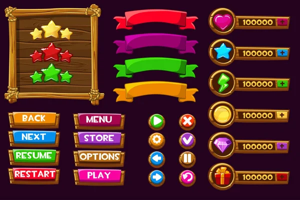 Kit ui gioco vettoriale. Menu completo di interfaccia grafica GUI per costruire giochi 2D. Può essere utilizzato in giochi mobili o web. Bottoni in legno — Vettoriale Stock