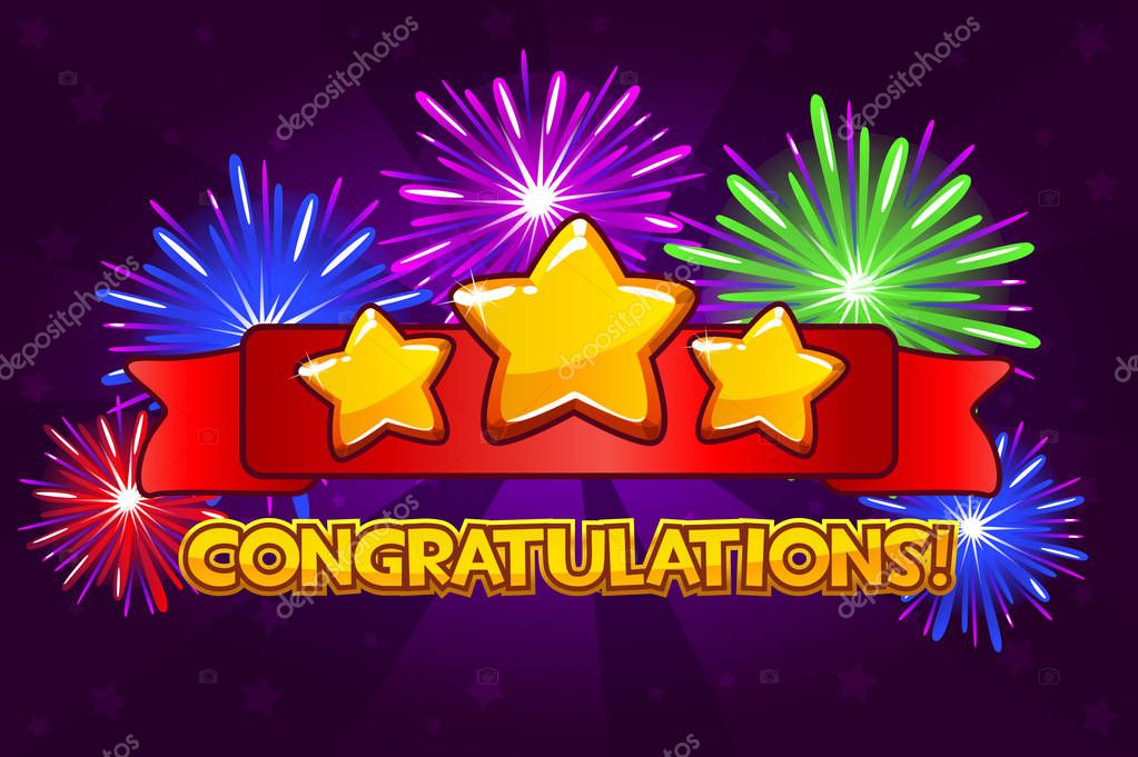 Receiving the achievement game screen on backgraund firework. Graphical user interface GUI to build 2D games. Red banner and gold star For UI mobile or web game.