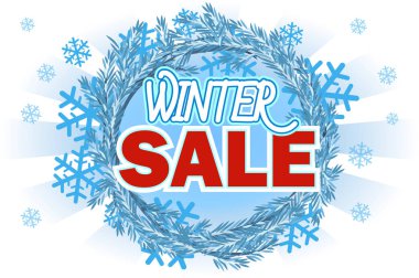 Kış indirimi - afiş metin üzerinde mavi çelenk Ladin ile. Kış indirimi. Yeni yıl satış. Vektör çizim.