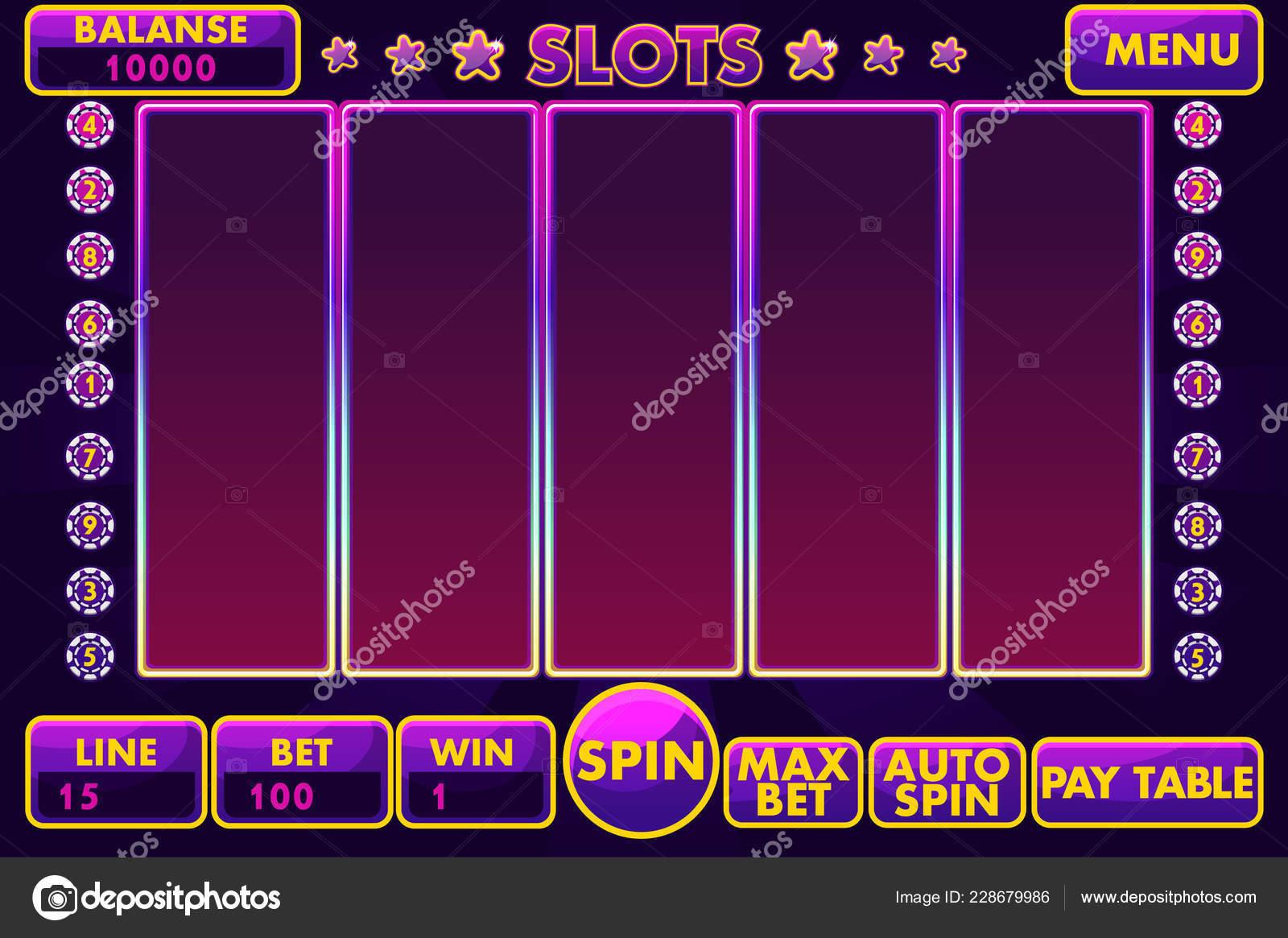 矢量接口老虎机在紫色。完整的菜单的图形用户界面和一套完整的按钮, 为经典的赌场游戏创建. 图库矢量图©BabySofja.gmail.com  228679986