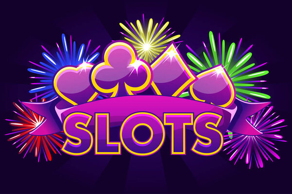 Слот с логотипом экрана, баннер на фиолетовом фоне с иконками, лентой и фейерверком, заставка для фоновой игры. Векторная иллюстрация
