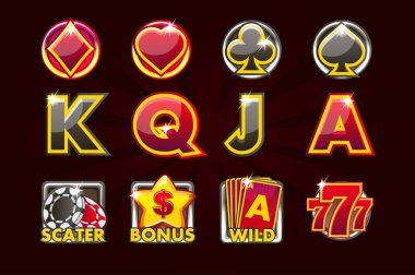 Slot makineleri ve bir piyango veya siyah-kırmızı renklerde casino kartı sembollerin vektör simgeler. Oyun casino, slot, Kullanıcı arabirimi