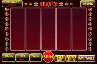 Arabirim slot makinesidir siyah-kırmızı renkli vektör. Tam grafik kullanıcı arayüzü ve tam menü düğmeleri klasik casino oyunlar oluşturmak için ayarla.