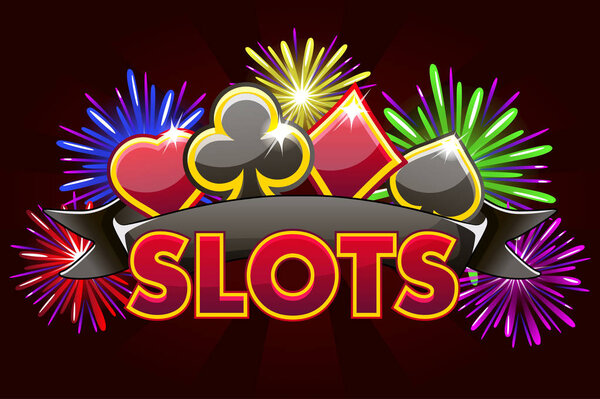 Слот с логотипом экрана, баннер на красном фоне с иконками, лентой и фейерверком, заставка для фоновой игры. Векторная иллюстрация
