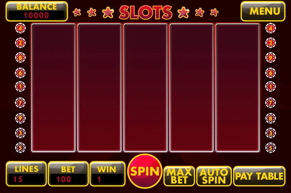 Vektor-Schnittstelle Spielautomat in schwarz-rot gefärbt. komplettes Menü mit grafischer Benutzeroberfläche und vollständiger Schaltfläche für die Erstellung klassischer Casinospiele. — Stockvektor