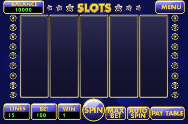 Vector Interface slot machine in blue colored. Complete menu of graphical user interface and full set of buttons for classic casino games creation. clipart