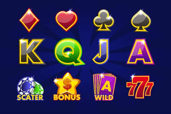 Iconos de juego de símbolos de tarjeta para máquinas tragamonedas o casino. Juego de casino, ranura, interfaz de usuario — Archivo Imágenes Vectoriales