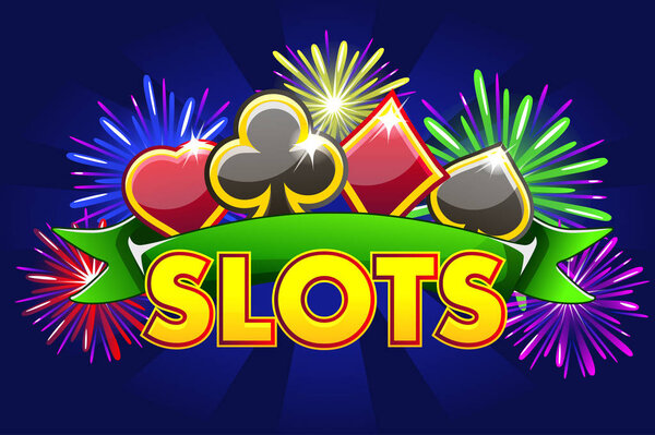 Слоты для игрового автомата Casino, баннер на синем фоне с иконками, лентами и фейерверками, заставка для фоновой игры. Векторная иллюстрация
