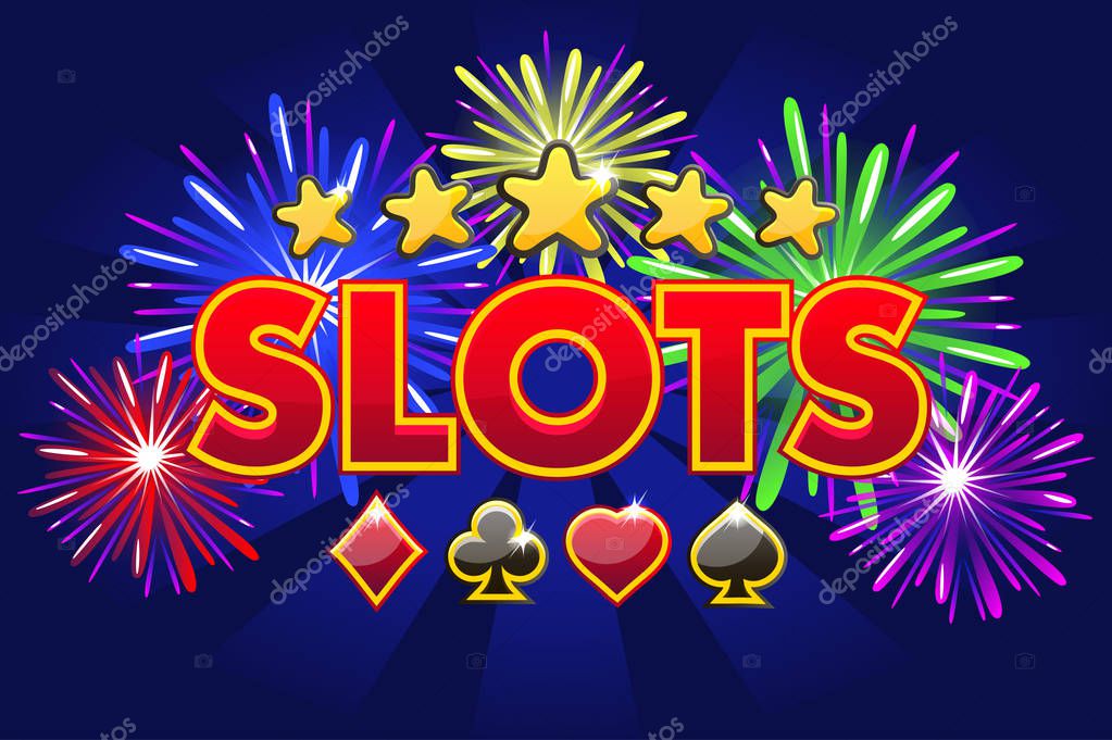 Casino slots, banner on blue background with icons, stars and fireworks, background game screensaver. Vector illustration