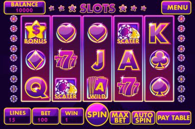 Arabirim slot makinesidir mor renkli vektör. Tam grafik kullanıcı arayüzü ve tam menü düğmeleri klasik casino oyunlar oluşturmak için ayarlayın. Büyük oyun casino simgelerin ayarlamak