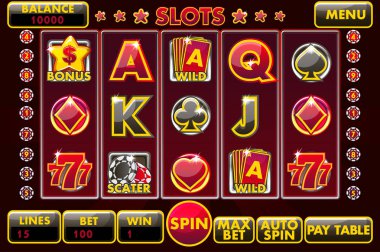 Arabirim slot makinesidir siyah-kırmızı renkli vektör. Tam grafik kullanıcı arayüzü ve tam menü düğmeleri klasik casino oyunlar oluşturmak için ayarlayın. Büyük oyun casino simgelerin ayarlamak