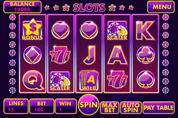 Máquina tragaperras Vector Interface en color púrpura. Menú completo de interfaz gráfica de usuario y conjunto completo de botones para la creación de juegos de casino clásicos. Gran conjunto de juegos de casino iconos — Archivo Imágenes Vectoriales