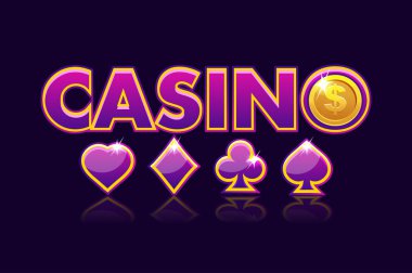Logo Casino arka plan, kutsal kişilerin resmi oyun kartları işaret ve bozuk para doları ile kumar. Oyun casino, slot, UI. Vektör çizim