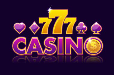 Logo Logo Casino arka plan, kutsal kişilerin resmi oyun kartları işaretler, bozuk para Doları ve 777 ile kumar slot. Oyun casino, slot, UI. Vektör çizim