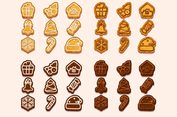 Vector grande conjunto de Navidad y Año Nuevo galletas de chocolate y galletas, símbolos de vacaciones iconos. Dibujos animados vector de hornear para vacaciones — Vector de stock