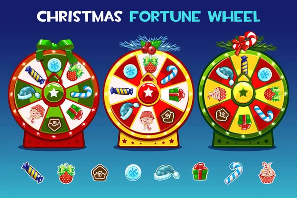 Карикатура Три варианта рождественской рулетки. Иконки праздников, векторные активы игры, GUI активный, пользовательский интерфейс — стоковый вектор