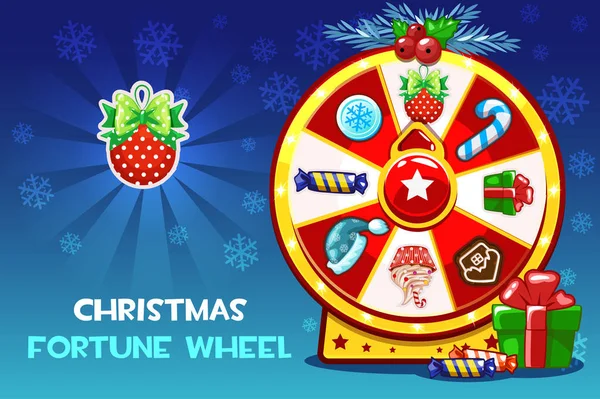 Мультфильм "Рождественская счастливая рулетка", вращающееся колесо судьбы. Иконки векторных праздничных символов. Игровые активы, активный графический интерфейс, пользовательский интерфейс — стоковый вектор