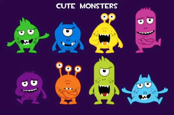 Vector collection of cute cartoon monsters, colorful and funny bacteria characters — Stock Vector