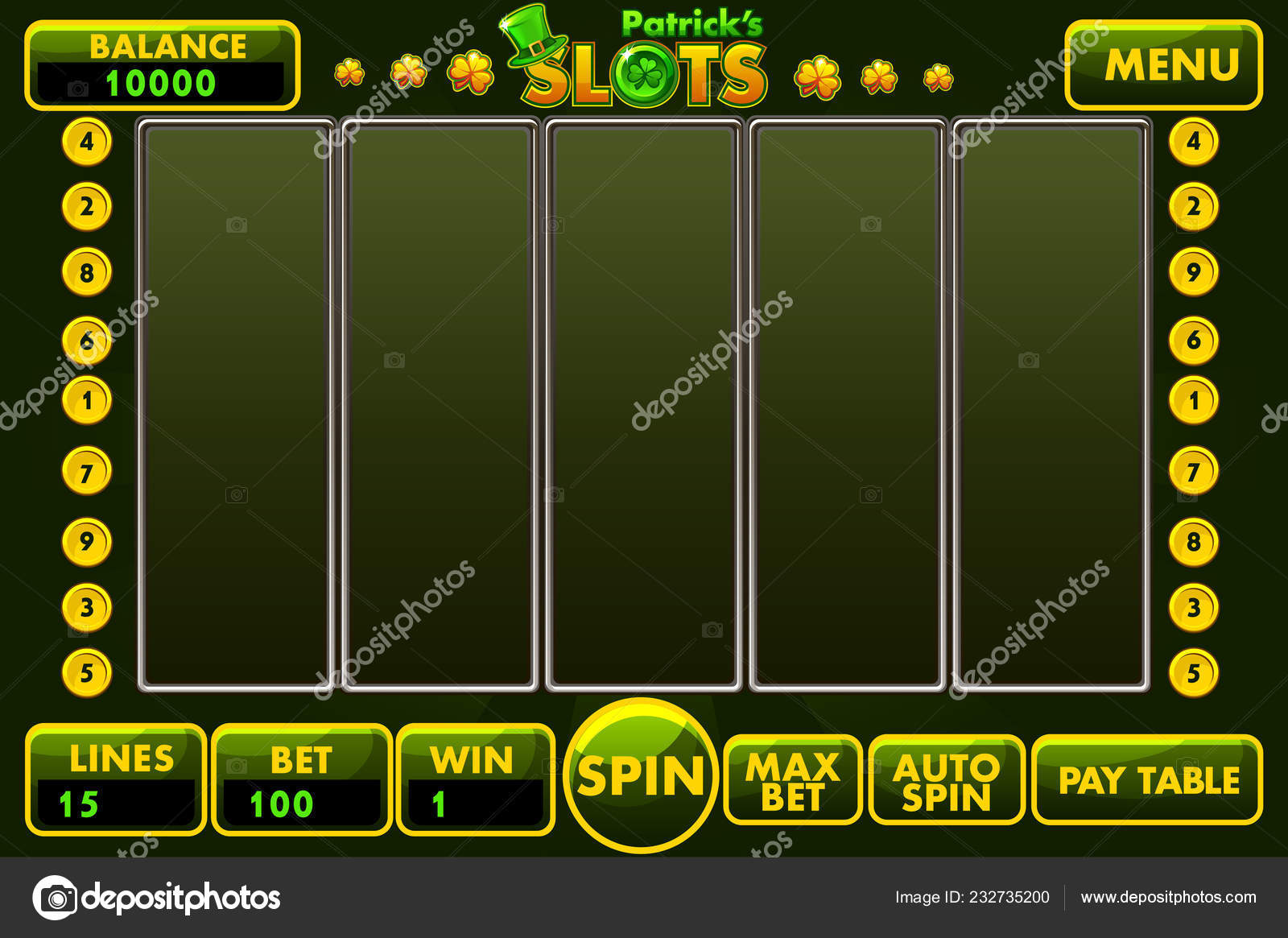 矢量接口老虎机风格的圣. 赞助在绿色的颜色。完整的菜单的图形用户界面和一套完整的按钮, 为经典的赌场游戏创建.  图库矢量图©BabySofja.gmail.com 232735200