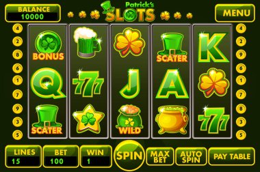 Arayüz slot makinesidir tarzı St.Patrick s yeşil renkli vektör. Düğmeler ve simgeler klasik casino oyunlar oluşturmak için grafik kullanıcı arabirim ve tam tam menü kümesi.