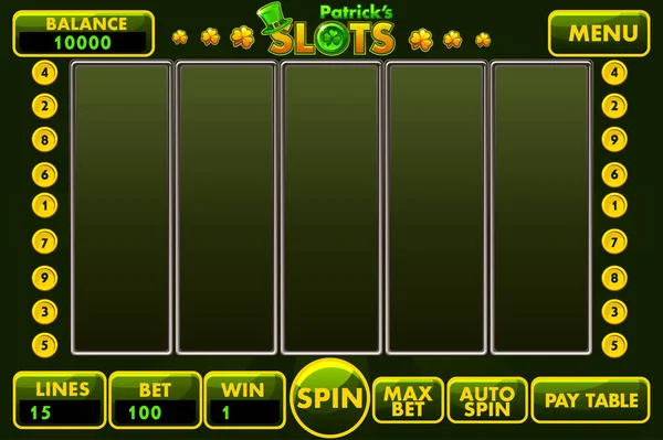 Vector διεπαφή κουλοχέρη στυλ St.Patricks σε πράσινο χρώμα. Πλήρες μενού του περιβάλλοντος εργασίας χρήστη με γραφικά και πλήρες σύνολο κουμπιών για δημιουργία κλασικό καζίνο παιχνίδια. — Διανυσματικό Αρχείο