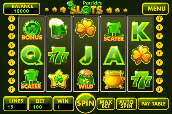 Arayüz slot makinesidir tarzı St.Patrick s yeşil renkli vektör. Düğmeler ve simgeler klasik casino oyunlar oluşturmak için grafik kullanıcı arabirim ve tam tam menü kümesi.