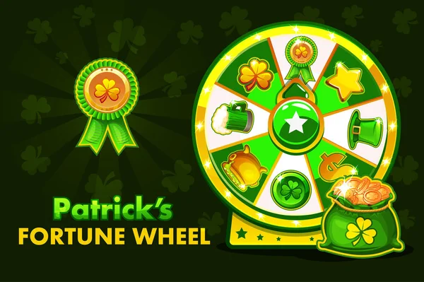 Cartoon Patrick s lucky roulette, spinning fortune wheel. Holiday icons and symbols, vector illustration. Game assets — Stock Vector