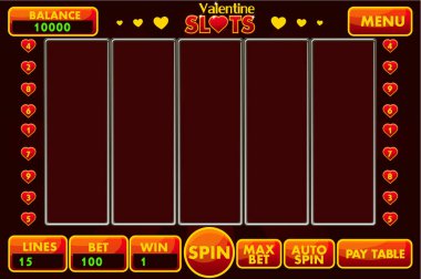 Arayüz slot makinesidir tarzı Sevgililer kırmızı renkli vektör. Tam grafik kullanıcı arayüzü ve tam menü düğmeleri klasik casino oyunlar oluşturmak için ayarlayın. Casual oyunu.