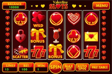 Arayüz slot makinesidir tarzı St. Valentine kırmızı renkli vektör. Düğmeler ve simgeler klasik casino oyunlar oluşturmak için grafik kullanıcı arabirim ve tam tam menü kümesi.