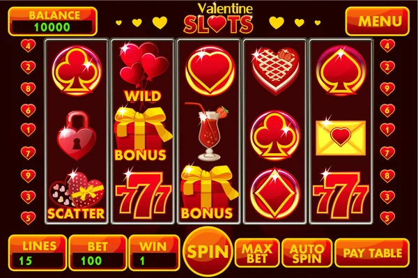 Vector Interface slotmachine stijl Sint Valentijn in rood gekleurd. Volledige menureeks grafische gebruikersinterface en zitten vol van knoppen en pictogrammen voor klassieke casino games maken. — Stockvector