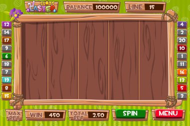 Tam grafik kullanıcı arayüzü ve tam menü düğmeleri klasik casino oyunlar oluşturmak için ayarlayın. Vektör arabirimi slot makinesidir Paskalya tatili için ahşap tarzında.