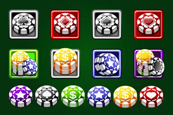 Μάρκες Καζίνο Διανυσματικά Απομονωμένες Πράσινο Φόντο Χρωματισμένα Τσιπ Παιχνίδι Μάρκες — Διανυσματικό Αρχείο