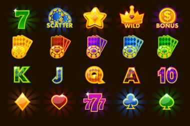 Büyük set oyun slot makineleri veya casino farklı renkler oyun Casino, slot, Kullanıcı arabirimi için kartı simgeleri simgeleri