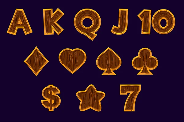 Establecer iconos de la máquina tragaperras. Iconos de juego de símbolos de tarjeta para máquinas tragamonedas o casino en textura de madera. Juego de casino, ranura, interfaz de usuario — Vector de stock