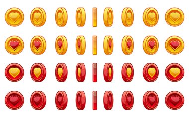 Saint Sevgililer günü için kırmızı ve altın sikke kalp seti oyun simgeleri. Sikke döndürmek için animasyon ayarla. Vektör çizim oyun tasarımı için.