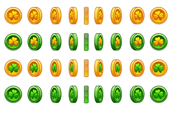 Game icons set of gold and green coin clover for St. Patrick Day. Coin rotate set for animation. Vector illustration for game design. — Stock Vector