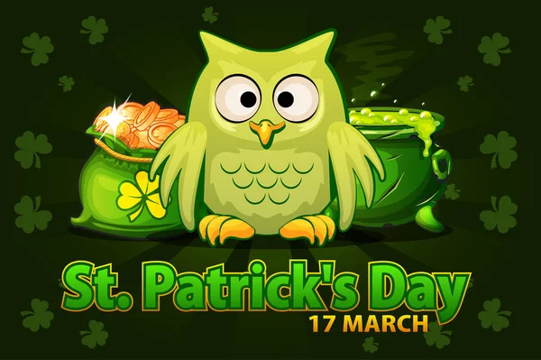 Grappige cartoon uil, geld tas en pot met toverdrank. Vectorillustratie voor Happy St. Patrick Day. Wenskaart, poster, banner. Objecten op een aparte laag — Stockvector