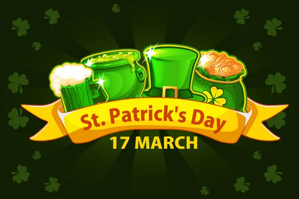 Cartoonband, Bierglas, Geldbeutel und Topf mit Zaubertrank. Vektor-Illustration für happy st. patrick day. Grußkarte, Plakat, Banner. Objekte auf einer separaten Ebene — Stockvektor