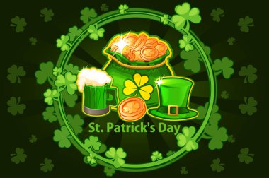 Cartoon hat, beer glass, coin and money bag. Vector round frame with shamrock leaves. Illustration For Happy St. Patrick Day. Greeting card, poster, banner. Objects on a separate layer clipart