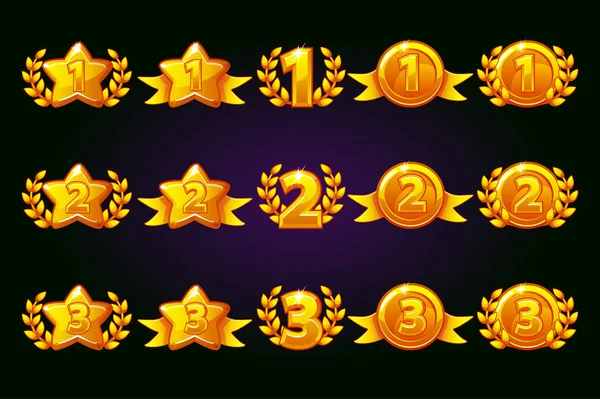Arany jutalom ikonok beállítása. 1., 2., 3. hely különböző változata. A győzelem és arany csillag, vagy játék, ui, banner, app, felület, slots, Játékfejlesztés babérkoszorút. Külön rétegen ikonok — Stock Vector
