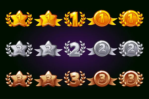 Zlaté, stříbrné a bronzové odměny sada ikon. 1st, 2nd, 3rd place různé variace. Vavřínový věnec vítězství a Zlatá hvězda, nebo hra, ui, banner, aplikace, rozhraní, sloty, vývoj her — Stockový vektor