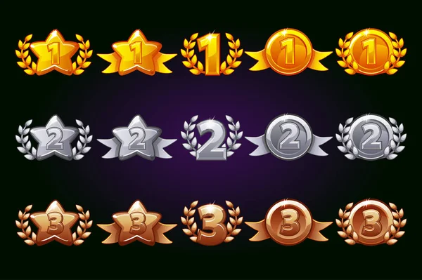 Set di icone in oro, argento e bronzo. Primo, secondo, terzo posto variazione diversa. Laurel corona di vittoria e stella d'oro o di gioco, ui, banner, app, interfaccia, slot, sviluppo del gioco — Vettoriale Stock