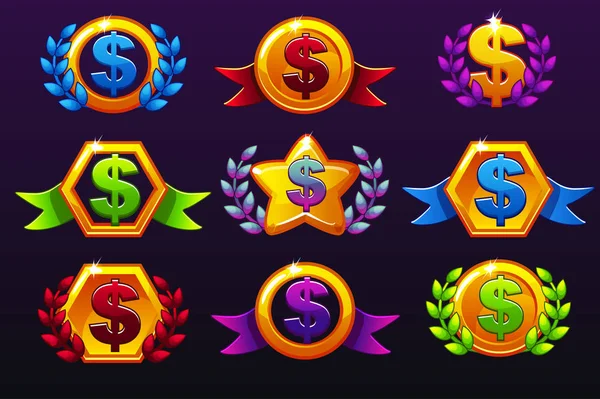 Plantillas Colores Iconos Dólares Para Premios Creación Iconos Para Juegos — Vector de stock