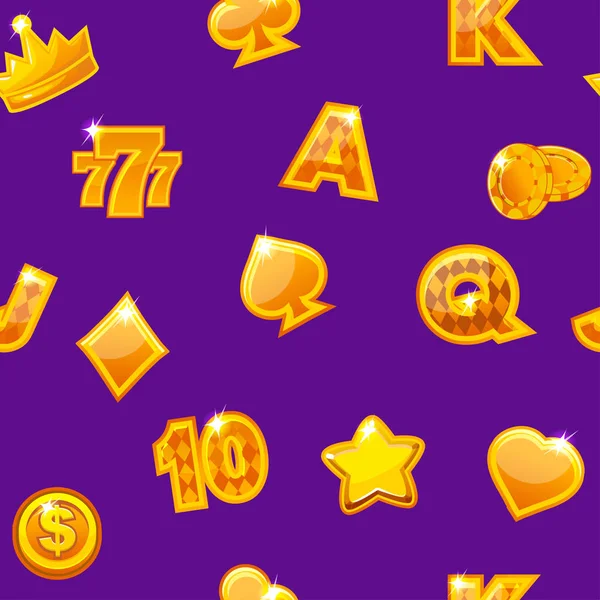 Background with gold casino icons on purple, seamless repeating pattern. Vector illustration.