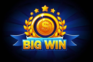 Blue ribbon ve metin ile büyük kazanmak banner. Casino, slot, rulet ve oyun UI için vektör çizim. Ayrı katmanlarda izole