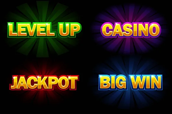 Vector Texto Brilhante Casino Jackpot Big Win Subir Nível Ícones — Vetor de Stock